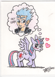 Size: 308x430 | Tagged: safe, artist:coyotecoyote, flash sentry, twilight sparkle, equestria girls, g4, exploitable meme, female, heart, human flash sentry x pony twilight, male, meme, ship:flashlight, shipping, straight, text, traditional art, waifu thief