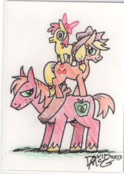 Size: 308x430 | Tagged: safe, artist:coyotecoyote, artist:daisyfinch, apple bloom, applejack, big macintosh, earth pony, pony, g4, bow, colored hooves, colored pencil drawing, cowboy hat, female, filly, hair bow, hat, horse collar, male, mare, pile, siblings, simple background, stallion, traditional art, trio, unshorn fetlocks, white background