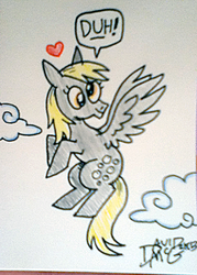 Size: 308x430 | Tagged: safe, artist:coyotecoyote, derpy hooves, g4, cloud, cloudy, female, flying, heart, solo, text, traditional art