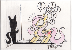 Size: 541x381 | Tagged: safe, artist:coyotecoyote, fluttershy, g4, exclamation point, female, shadow, solo, traditional art