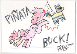 Size: 541x381 | Tagged: safe, artist:coyotecoyote, pinkie pie, g4, blindfold, female, kicking, solo, text, traditional art