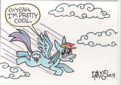 Size: 541x381 | Tagged: safe, artist:coyotecoyote, rainbow dash, g4, cloud, cloudy, female, flying, solo, text, traditional art