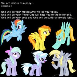 Size: 2000x2000 | Tagged: safe, cloudchaser, derpy hooves, flitter, lightning dust, rainbow dash, spitfire, pegasus, pony, g4, female, mare, reborn as a pony