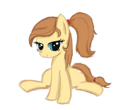 Size: 1003x861 | Tagged: safe, oc, oc only, oc:cream heart, earth pony, pony, button's adventures, cute, female, filly, hooves, mare, ponytail, simple background, sitting, solo, teeth, white background