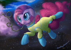 Size: 2000x1414 | Tagged: safe, artist:deathpwny, pinkie pie, earth pony, pony, g4, astronaut, astronaut pinkie, chocolate rain, cloud, cotton candy, cotton candy cloud, crazy straw, detailed, earth, female, food, solo, space, spacesuit