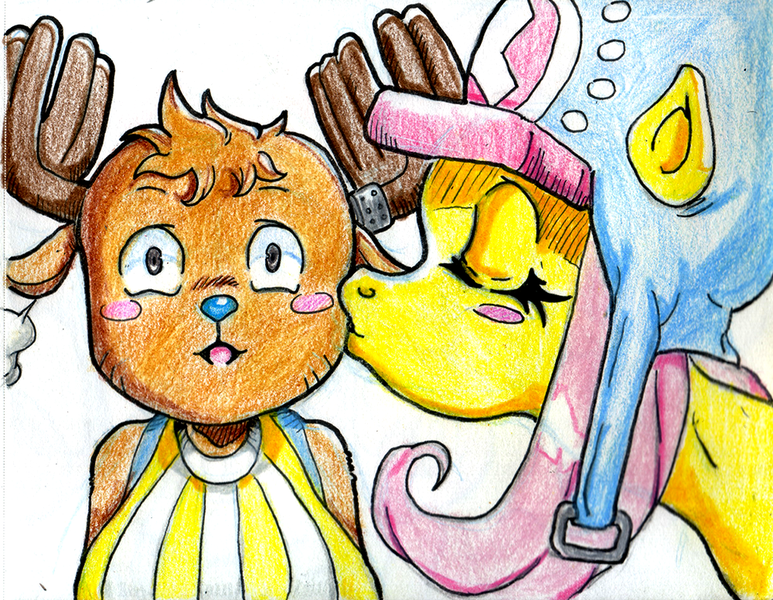 Safe Artist Irie Mangastudios Fluttershy Choppershy Colored Pencil Drawing Crossover Crossover Shipping Female Male One Piece Straight Tony Tony Chopper Traditional Art Derpibooru