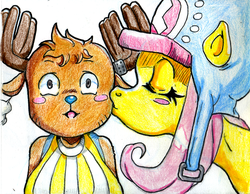 Size: 1000x776 | Tagged: safe, artist:irie-mangastudios, fluttershy, g4, choppershy, colored pencil drawing, crossover, crossover shipping, female, male, one piece, straight, tony tony chopper, traditional art