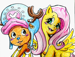 Size: 1000x755 | Tagged: safe, artist:irie-mangastudios, fluttershy, g4, choppershy, colored pencil drawing, crossover, crossover shipping, female, male, one piece, straight, tony tony chopper, traditional art