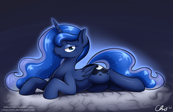 Size: 5100x3300 | Tagged: safe, artist:nekocrispy, princess luna, alicorn, pony, g4, female, hair over one eye, lidded eyes, looking at you, lying down, mare, missing accessory, princess, solo