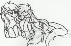 Size: 1306x853 | Tagged: dead source, safe, artist:enigmaticfrustration, rainbow dash, spitfire, pegasus, pony, g4, cuddling, eyes closed, female, lesbian, monochrome, ship:spitdash, shipping, snuggling, traditional art