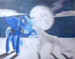 Size: 2078x1651 | Tagged: safe, artist:thewolfheart89, princess luna, wolf, g4, moon, traditional art