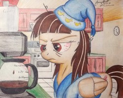 Size: 1934x1545 | Tagged: safe, artist:thewolfheart89, wild fire, pegasus, pony, g4, bloodshot eyes, coffee, coffee machine, female, hat, mare, morning ponies, nightcap, solo, tired, traditional art, unamused, wild fire is not amused