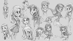 Size: 1280x720 | Tagged: safe, artist:ruffu, fluttershy, pinkie pie, twilight sparkle, human, g4, humanized, monochrome, sketch dump