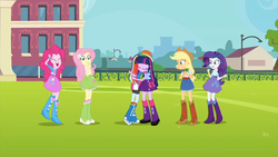 Size: 853x480 | Tagged: safe, screencap, applejack, fluttershy, pinkie pie, rainbow dash, rarity, twilight sparkle, equestria girls, g4, balloon, boots, clothes, female, giggling, happy, high heel boots, hug, humane five, humane six, jewelry, mane six, shipping fuel, skirt, smiling, soccer field