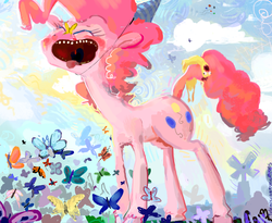 Size: 730x600 | Tagged: safe, artist:doctorpepperphd, pinkie pie, butterfly, earth pony, pony, g4, female, hat, open mouth, party hat, rubber chicken, solo, uvula, wat