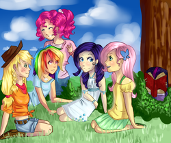 Size: 800x670 | Tagged: safe, artist:cheshirecloud, applejack, fluttershy, pinkie pie, rainbow dash, rarity, twilight sparkle, human, g4, humanized