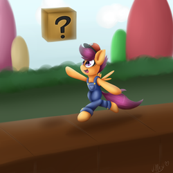 Size: 3000x3000 | Tagged: safe, artist:skybrush-viffex, scootaloo, g4, ? block, clothes, female, hat, high res, male, mario, nintendo, parody, solo, super mario bros.