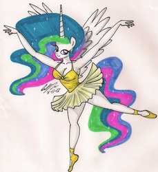 Size: 1492x1630 | Tagged: safe, artist:newyorkx3, princess celestia, anthro, plantigrade anthro, g4, ballerina, cleavage, clothes, dress, female, solo, tiptoe, traditional art, tutu