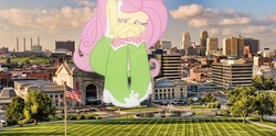 Size: 1578x784 | Tagged: safe, fluttershy, equestria girls, g4, city, crying, equestria girls in real life, giantess, irl, kansas city, macro, missouri, photo, sad, union station