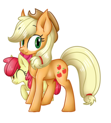 Size: 1800x2000 | Tagged: safe, artist:shyshyoctavia, apple bloom, applejack, earth pony, pony, g4, one eye closed, simple background, sisters, smiling, wink