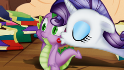 Size: 2133x1200 | Tagged: dead source, safe, artist:dcencia, rarity, spike, dragon, pony, unicorn, g4, my little pony: friendship is magic, secret of my excess, cheek kiss, duo, duo male and female, female, golden oaks library, kiss mark, kissing, male, scene interpretation, ship:sparity, shipping, spikelove, straight