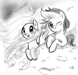 Size: 737x707 | Tagged: safe, artist:incomplete-obsession, applejack, fluttershy, g4, monochrome