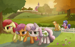 Size: 1024x640 | Tagged: dead source, safe, artist:lolepopenon, apple bloom, applejack, cookie crumbles, scootaloo, sweetie belle, earth pony, pegasus, pony, unicorn, g4, back to school, cutie mark crusaders, fence, floppy ears, frown, glare, road, saddle bag, scrunchy face, smiling, sweet apple acres, tree, unamused, upset, walking, waving