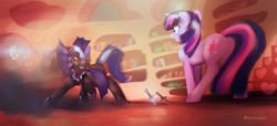 Size: 1800x820 | Tagged: safe, artist:mechagen, twilight sparkle, oc, bat pony, pony, unicorn, g4, assassin, assault, fight, glare, golden oaks library, knife, night guard, royal guard, unicorn twilight