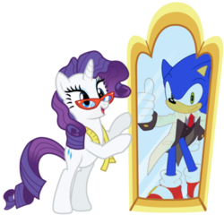 Size: 400x384 | Tagged: safe, artist:snicket324, rarity, pony, unicorn, equestria girls, g4, clothes, crossover, duo, female, glasses, male, mare, measuring tape, mirror, simple background, sonic the hedgehog, sonic the hedgehog (series), transparent background, tuxedo, vector