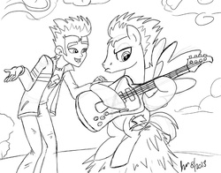 Size: 750x588 | Tagged: safe, artist:scruffytoto, flash sentry, human, equestria girls, g4, annoyed, cute, frown, glare, guitar, human ponidox, monochrome, open mouth, shrug, sitting, smiling, spread wings