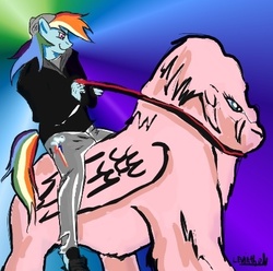 Size: 421x417 | Tagged: safe, artist:limeazoid, rainbow dash, gorilla, anthro, g4, duo, riding, wat