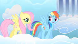 Size: 853x480 | Tagged: safe, screencap, fluttershy, rainbow dash, pegasus, pony, g4, sonic rainboom (episode), duo