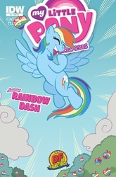 Size: 627x951 | Tagged: safe, idw, rainbow dash, pegasus, pony, g4, micro-series #2, my little pony micro-series, apple, comic cover, eyes closed, female, flying, food, mare, solo, zap apple