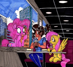 Size: 1280x1174 | Tagged: safe, artist:newyorkx3, fluttershy, pinkie pie, human, g4, against glass, cake, city, drink, drool, licking, tongue out, traditional art, window