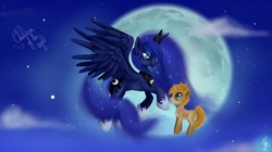 Size: 1280x718 | Tagged: safe, artist:bakakawaicosplay0o0, princess luna, oc, oc:gari, children of the night, g4