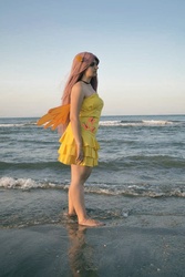 Size: 640x960 | Tagged: safe, artist:bakakawaicosplay0o0, fluttershy, human, g4, barefoot, beach, clothes, cosplay, dress, feet, irl, irl human, photo, solo