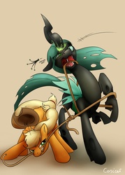 Size: 1148x1600 | Tagged: safe, artist:conicer, applejack, queen chrysalis, changeling, changeling queen, earth pony, pony, g4, bondage, crown, duo, female, fight, jewelry, lasso, mouth hold, regalia, rope