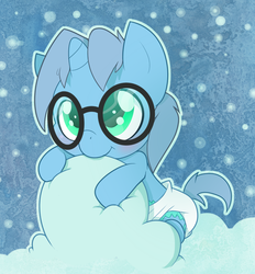 Size: 868x936 | Tagged: safe, artist:cuddlehooves, oc, oc only, oc:frostbite, pony, adorkable, baby, baby pony, cloud, cuddlehooves is trying to murder us, cute, diaper, dork, foal, glasses, poofy diaper, solo