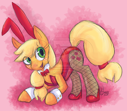 Size: 1024x901 | Tagged: dead source, safe, artist:wickedqueenv, applejack, pony, g4, bunny suit, bunnyjack, clothes, cufflinks, cuffs (clothes), deviantart watermark, female, fishnet stockings, leotard, obtrusive watermark, playboy bunny, solo, watermark