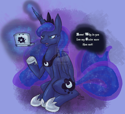 Size: 1600x1468 | Tagged: dead source, safe, artist:wickedqueenv, princess luna, gamer luna, g4, 3ds, deviantart watermark, female, magic, obtrusive watermark, pokémon, solo, video game, watermark