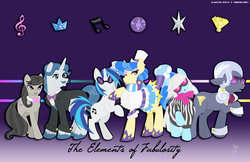 Size: 1024x663 | Tagged: safe, artist:checkerboardprincess, dj pon-3, fancypants, hoity toity, octavia melody, photo finish, sapphire shores, vinyl scratch, earth pony, pony, unicorn, g4, female, male, mare, stallion