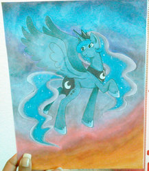 Size: 780x900 | Tagged: safe, artist:checkerboardprincess, princess luna, g4, female, looking back, raised hoof, solo, traditional art