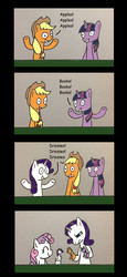 Size: 2480x5398 | Tagged: safe, artist:bobthedalek, applejack, rarity, sweetie belle, twilight sparkle, earth pony, pony, unicorn, g4, annoyed, apple, book, comic, female, flanderization, one word, puppet, rarity is not amused, that pony sure does love apples, that pony sure does love books, that pony sure does love dresses, unamused, unicorn twilight