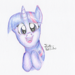 Size: 890x897 | Tagged: safe, artist:kuroitsubasatenshi, twilight sparkle, g4, female, grin, solo, traditional art