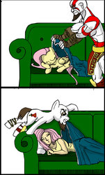 Size: 694x1151 | Tagged: safe, artist:cjvselinmortal, fluttershy, human, g4, blanket, couch, crossover, god of war, humanized, kratos, ponified, sleeping