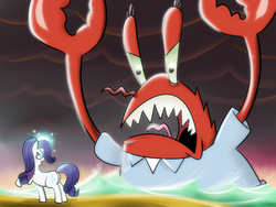 Size: 1024x768 | Tagged: dead source, safe, artist:catfood-mcfly, rarity, crab, pony, unicorn, g4, boss fight, butt, crossover, female, fight, male, mare, mr. krabs, plot, rarity fighting a giant crab, size difference, spongebob squarepants