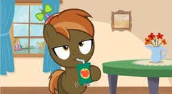 Size: 854x467 | Tagged: safe, screencap, button mash, earth pony, pony, button's adventures, g4, colt, foal, hooves, juice, juice box, male, meme, ponyville, solo, window, youtube caption