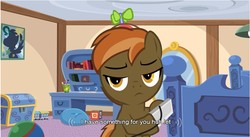 Size: 857x471 | Tagged: safe, screencap, button mash, earth pony, pony, button's adventures, g4, ball, bed, book, colt, foal, hooves, male, meme, mirror, poster, solo, subtitles, youtube caption