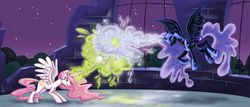 Size: 1024x439 | Tagged: safe, artist:detectivetoony, nightmare moon, princess celestia, alicorn, pony, g4, female, fight, magic, mare, origins, pink-mane celestia