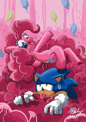 Size: 1748x2480 | Tagged: safe, artist:projectzuel, pinkie pie, g4, balloon, crossover, happy, male, open mouth, sonic the hedgehog, sonic the hedgehog (series), sweat, sweatdrop, tongue out